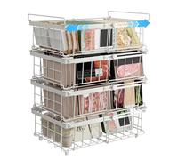 UMDONX 4 Pack Expandable Metal Organiser Basket Chest Freezer Storage Boxes, Stackable Forzen Food Containers with Foldable Handle Kitchen Pantry Shelf Rack, White Load 25KG