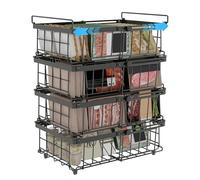 UMDONX 4 Pack Expandable Metal Organiser Basket Chest Freezer Storage Boxes, Stackable Forzen Food Containers with Foldable Handle Kitchen Pantry Shelf Rack, Black Load 25KG