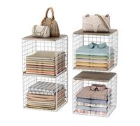 UMDONX 4 Pack Wardrobe Storage Organiser Stackable Clothes Basket, Cupboard Shelf with Top Board Insert Closet Wire Rack (Durable Metal White 25KG Load)