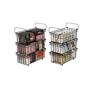 UMDONX 6 Pack Chest Freezer Baskets Organiser - Stackable Kitchen Storage Boxes for 198L Deep with Handle, Pantry Shelf Open Wire Bins Frozen Goods Sort, Durable Metal Black
