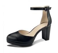 UMECOOL Chunky Closed Toe Heels for Women, Women's Platform Chunky Heels Closed Toe Block Ankle Strap Dress Buckle Round Toe Wedding Party Comfortable Pumps Shoes, Black Pu, 8 UK