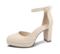 UMECOOL Chunky Closed Toe Heels for Women, Women's Platform Chunky Heels Closed Toe Block Ankle Strap Dress Buckle Round Toe Wedding Party Comfortable Pumps Shoes, Beige Pu, 5.5 UK