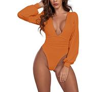 Umenlele Women's Plunging V Neck Ruched Pleated Long Sleeve Top Leotard Bodysuit