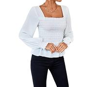 Umenlele Women's Square Neck Ruffle Frill Smocked Long Sleeve Peplum Blouse Top, White, Small