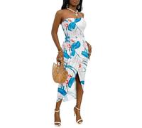 Umenlele Women's Strapless Ruched High Waist Wrap Split Asymmetrical Beach Maxi Long Dress, White Blue Floral#3, M