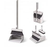 UMERAL 4-in-1 Dustpan and Brush Set, Long Handle Broom with 180° Swivel Head, Detachable Floor Brush, Built-In Comb Teeth, Pull-Out Scraper and Foldable Storage, for Home, Kitchen, Office and Garden