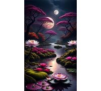 Umfarvt 5D Diamond Painting Kits,Lotus Tree River Diamond Arts Kits for Adults Beginners,DIY Square Full Drill Crystal Rhinestone Embroidery Arts Painting by Numbers for Home Wall Decor 100x210cm
