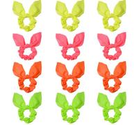 Umibow 12 Pack Neon Bow Scrunchies 80s 90s Bunny Ear Elastic Ponytail Holders Non Slip Neon Hair Ties with Bow for Party Costume Festival Dance Outfit