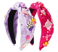Umibow 2 Pcs Candy Knotted Headbands Rainbow Lollipop Ice Cream Headband Beaded Wide Top Knot Hairband Candy Jeweled Embellished Hair Hoop for Girls Birthday(Purple, Rose Red)