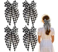 Umibow 4 Pack Checkered Hair Bow Clips Oversized Black and White Bowknot Barrettes with Long Tail Checkerboard Bowknot Hair Clip for Women Racing Fan