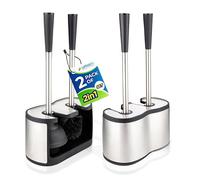 UMIEN 2 Pack Toilet Brush and Plunger Set 18-in - Updated 2025 No-Rust - Stainless Steel Design - Long Handles - with Freestanding Canister (Satin Nickel)