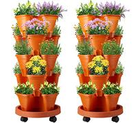Umigy 2 Set 5 Tier Stackable Planters Vertical Garden Planters for Strawberry Herb Flower and Vegetable Indoor Outdoor Gardening Pots with Removable Wheels and Bottom(Terracotta)