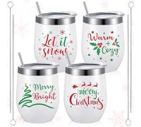 Umigy 4 Pieces Christmas Wine Tumbler Gifts Warm and Cozy Funny Tumbler Xmas 12 Oz Vacuum Insulated Coffee Tumbler Cup with Straw and Brush for Holiday Birthday Wedding Christmas Party Supplies
