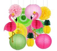 Umimiss 13PCS Flamingo Party Decorations-Paper Pom Poms Decorations,Flamingo Paper Decorations Hanging,Pink Flamingo Pineapple Honeycomb Ball Paper Lanterns Paper Fans Pom Poms Flowers for Luau Party