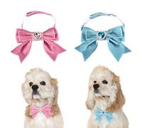 Umimiss 2PCS Dog Bow Tie Blue and Pink - Dog Bow Tie, Dog Collar with Bow, Pet Grooming Accessories, Love Velvet Bow Collar Pearl Gemstone Adjustable Silver Bow Tie Cat and Dog Birthday Accessories