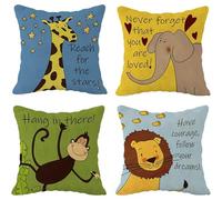 Umimiss Animal Cushion Covers - 4PCS Cushion Covers 45 X 45, Woodland Nursery Decor, Cute Cartoon Elephants Giraffes Lions Monkeys Linen Pillow Covers for Children’s Rooms Sofa Car Cushions Bedroom