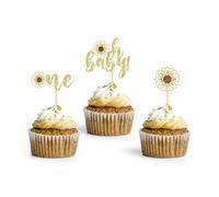 Umimiss Baby Shower Cupcake Toppers - 36pcs Sunflower Daisy Oh Baby Cake Topper, One Cake Toppers 1st Birthday, Gender Reveal Gold Glitter Neutral Cake Decorations Supplies For Baby Shower Decorations