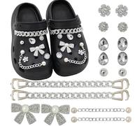 Umimiss Sparkly Croc Charms Set - 16pcs Bow and Silver Bling Rhinestone Accessories for Women and Girls, Fashion Jewelry and Shoe Decoration with Chain Clips