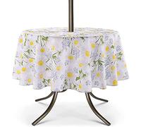 UMINEUX Outdoor Tablecloth with Umbrella Hole and Zipper, Spring/Summer Waterproof Table Cover for Picnic/BBQ/Garden(60" Round,Daisy)