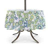 UMINEUX Outdoor Tablecloth with Umbrella Hole and Zipper, Spring/Summer Waterproof Table Cover for Picnic/BBQ/Garden(60" Round,Blue&Green)