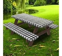 UMINEUX Picnic Table Cover with Bench Covers Fitted Table Clothes for 8 Foot Rectangle Tables Vinyl Flannel Backing with Elastic Edge -for Outdoor/Indoor Party Dining(30 x 96 Inch,3-Pcs,Black Plaid)