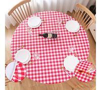 UMINEUX Round Fitted Vinyl Tablecloth with Elastic Edged & Flannel Backing, Waterproof Wipeable Round Table Cover for Indoor Outdoor Patio Use - Fits Tables up to 45" - 56" Diameter(Red&White Plaid)