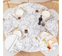 UMINEUX Round Fitted Vinyl Tablecloth with Elastic Edged & Flannel Backing, Waterproof Wipeable Round Table Cover for Indoor Outdoor Patio Use - Fits Tables up to 45" - 56" Diameter(WhiteMarble)