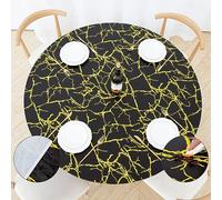 UMINEUX Round Fitted Vinyl Tablecloth with Elastic Edged & Flannel Backing, Waterproof Wipeable Round Table Cover for Indoor Outdoor Patio Use - Fits Tables up to 45" - 56" Diameter(BlackMarble)