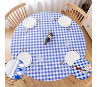 UMINEUX Round Fitted Vinyl Tablecloth with Elastic Edged & Flannel Backing, Waterproof Wipeable Round Table Cover for Indoor Outdoor Patio Use - Fits Tables up to 45" - 56" Diameter(Blue&White Plaid)