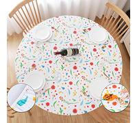UMINEUX Round Fitted Vinyl Tablecloth with Elastic Edged & Flannel Backing, Waterproof Wipeable Round Table Cover for Indoor Outdoor Patio Use - Fits Tables up to 45" - 56" Diameter(Red-Flower)