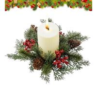 Umiocns Christmas Candle Rings For Pillars,Red Berries Snowy Pine Needles Garland Candle Rings,Artificial Wreath Candle Rings,Pillar Candle Holder Ring,Candle Wreath Red Berries Table Centerpieces