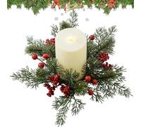 Umiocns Christmas Candle Rings For Pillars,Red Berries Snowy Pine Needles Garland Candle Rings,Artificial Wreath Candle Rings,Pillar Candle Holder Ring,Candle Wreath Red Berries Table Centerpieces