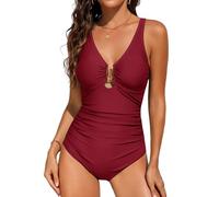 UMIPUBO Badeanzug Damen Bauchweg Push Up Raffung Einteiliger Bademode Sexy V Ausschnitt Cutout U Metallornament Tummy Control Strandmode Swimsuit Burgundy