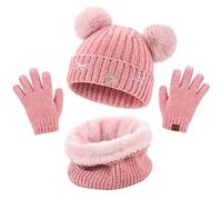 UMIPUBO Kids 3 in 1 Winter Thermal Knitted Hat Scarf Gloves Set - Pom Pom Hats Neck Warmer Touchscreen Gloves For Girls Boys, 6-10 years (Pink, One Size)