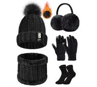 UMIPUBO Knitted Hat and Scarf Set 5 PCS Unisex Thermal Winter Set Women Warm Scarf Set Thickend Knitted Beanie Hat Scarves Gloves Neck Warmer and Touchscreen Gloves Outdoor Sports with Gift Box, Black