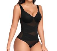 UMIPUBO Shapewear Bodysuit Tummy Control Body Shaper for Women Wide Straps Bodysuits Shaping Mesh Waist Trainer Thong V Neck Sculpting Seamless Slimming Butt Lifter Removable Pads Underwear (Black, S)