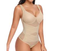UMIPUBO Shapewear Bodysuit Tummy Control Body Shaper for Women Wide Straps Bodysuits Shaping Mesh Waist Trainer Thong V Neck Sculpting Seamless Slimming Butt Lifter Removable Pads Underwear