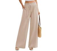 UMIPUBO Women Cotton Linen Trousers Summer Wide Leg Pants Elastic Waist Lightweight Beach Trousers Ladies Palazzo with Pockets Casual Flowy Loose Bottoms Trousers for Work Yoga Holiday (Almond, M)