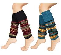 UMIPUBO Women Leg Warmer Striped Ethnic Knitting Wool Footless Knee High Boot Socks Christmas Socks Boot Cuff Cover Socks (Black+Blue, One Size)