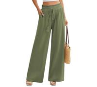 UMIPUBO Women's Cotton Linen Palazzo Trousers Summer Wide Leg Elastic Waist Solid Color Beach Pants Ladies with Pockets M Green