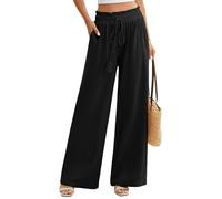 UMIPUBO Women's Cotton Linen Trousers Summer Wide Leg Pants Elastic Waist Solid Color Beach Trousers Ladies Palazzo Pants with Pockets S Black