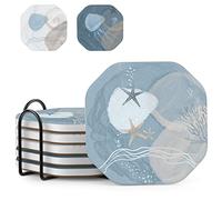 UMIRRO Ceramic Stone Coasters for Drinks Absorbent with Holder, Coastal Themed Design for Beach Lovers, Ocean Inspired Stoneware Cup Coasters for Wooden Coffee Table, 4", Octagonal, Blue, 6 Pack