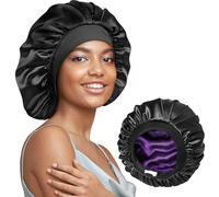 Umisleep 22 Momme 100% Mulberry Silk Bonnet with Double Layer Satin Outer for Sleeping Women for Adult & Kids, Soft Elastic Band, Non-Slip Silk Hair Bonnet for Long Curly Hair, Black and Purple