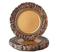 Umisriro Antique Gold Charger Plates Embossed Rim ,13 Inch Dinner Plate Chargers Round Server Ware.Set of 6 Plastic Embossed Charger for Dinner,Wedding, Elegant Tableware Decor
