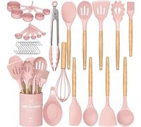 Umite Chef Kitchen Cooking Utensils Set, 33 pcs Non-Stick Silicone Cooking Spatula Set with Holder, Wooden Handle Silicone Kitchen Gadgets Utensil Set (Pink)