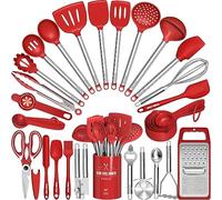 Umite Chef Kitchen Utensils Set- 34 PCs Cooking Utensils with Grater, Spoon Spatula, Heat Resistant Food Grade Silicone, Stainless Steel Handles Kitchen Gadgets Tools Set for Nonstick Cookware(Red)