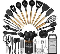 Umite Chef Kitchen Utensils Set- 34PCS Silicone Cooking Utensils with Holder, Heat Resistant Kitchen Utensil Spatula Set for Nonstick Cookware, Black Wooden Handles Kitchen Gadgets Tools Set