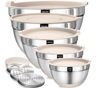 Umite Chef Mixing Bowls with Airtight Lid, 8 Pack Stainless Steel Khaki Nesting Bowls with Grater Attachments, Kitchen Bowls with Non-Slip Base, Size 5, 4, 3.5, 2, 1.5L for Mixing and