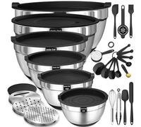 Umite Chef Mixing Bowls with Airtight Lids, 26Pcs Stainless Steel Bowls Set, 3 Grater Attachments & Black Non-Slip Bottoms Size 7, 4, 2.5, 2.0,1.5, 1QT, Great for Mixing & Serving