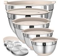 Umite Chef Mixing Bowls with Airtight Lids Set, 8PCS Stainless Steel Khaki Nesting Bowls with Grater Attachments, Kitchen Bowls with Non-Slip Bottoms, Size 5, 4, 3.5, 2, 1.5QT for Mixing & Serving